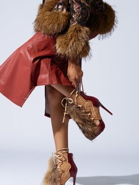 Faux Fur Lace-Up High Heel Ankle Boots - Brown-Tan